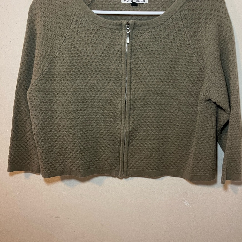 Olive Green Textured Zip-Up Cardigan